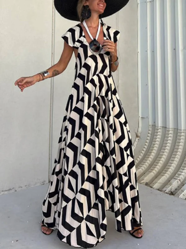 Fresh Unique Ethnic Print Graceful Ruffle Sleeve A-line Maxi Dress Trendy Button Front Maxi Dress