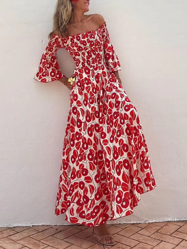 Floral Print Smocked Off Graceful Shoulder Pocketed Maxi Dress Cozy Ribbed Maxi Dress