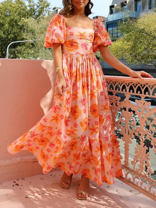 Floral Print Puff Sleeve Graceful Back Smocked Pocket Maxi Dress Cozy Ruffle Sleeve Maxi Dress