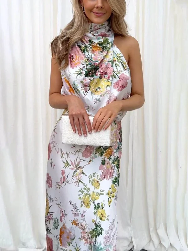 Floral Halter Neck Charming Elastic Waist Maxi Dress Elegant Silk Maxi Dress