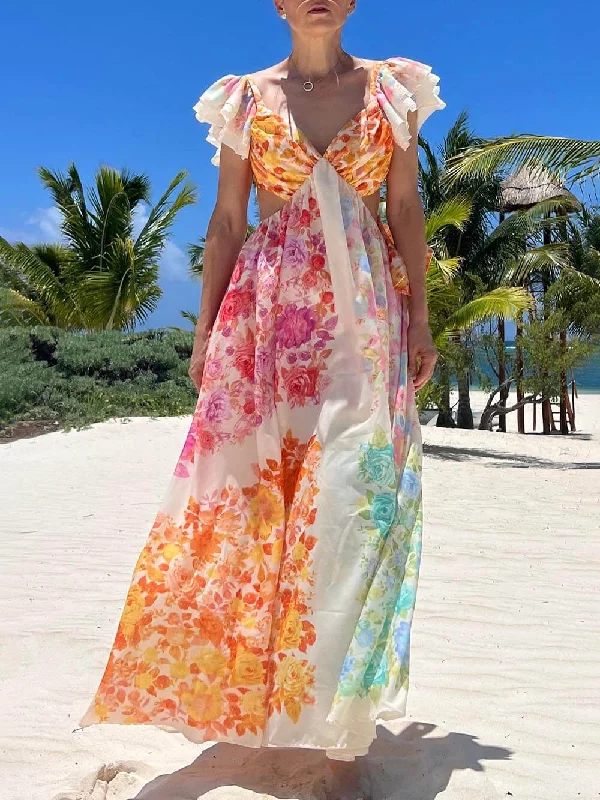 Floral Frill Cutout Charming Back Tie-Up Maxi Dress Comfortable Maxi Dress with Sleeves