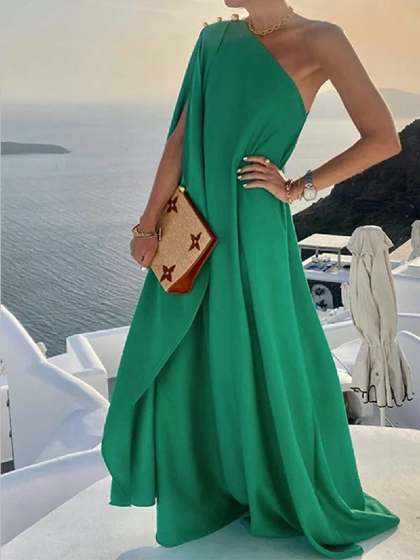 Solid Color Loose Charming One Shoulder Maxi Dress Trendy Fit-and-Flare Maxi Dress