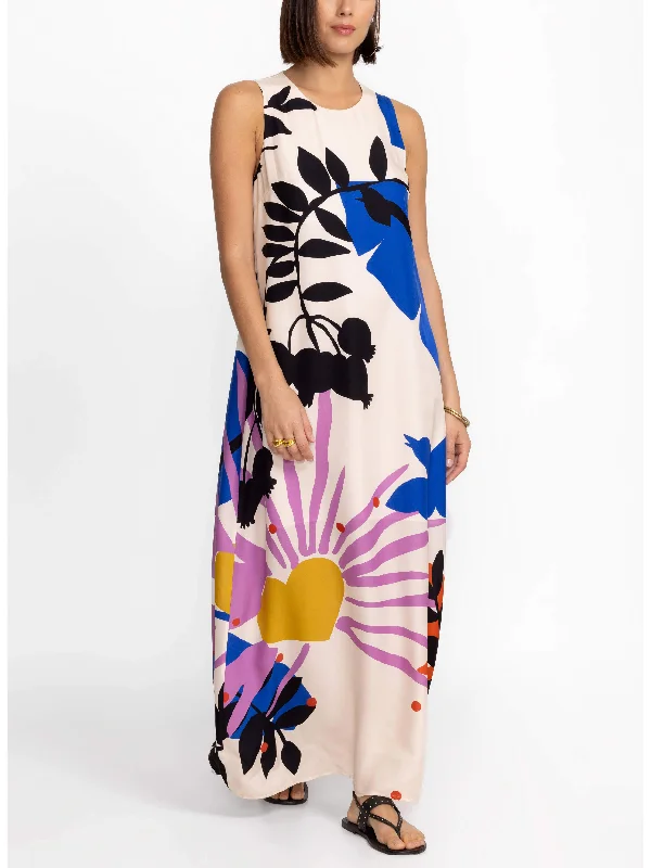 Satin Art Floral Charming Print Maxi Dress Stylish Pleated A-Line Maxi Dress