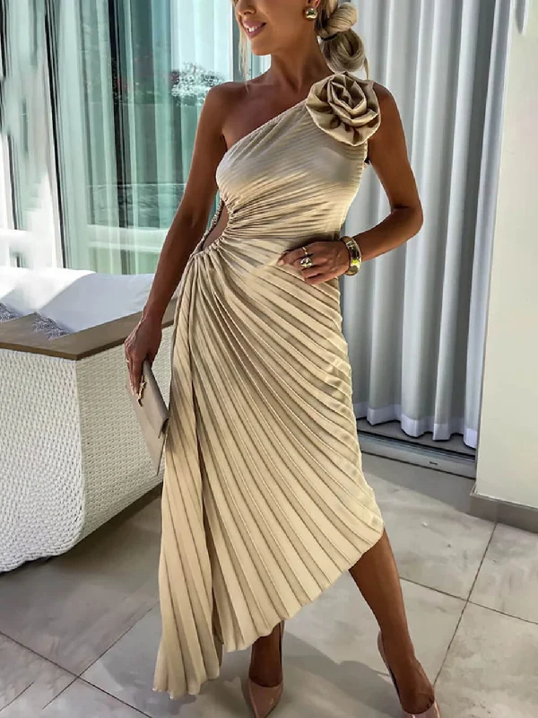 Romantic Night Guilloche Stretch Hollow Trendy One Shoulder Pleated Maxi Dress Comfortable Cotton Maxi Dress