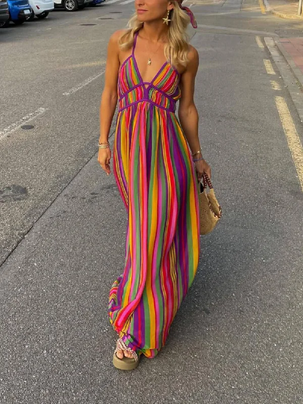 Rainbow Stripe Print Charming V-Neck Maxi Dress Trendy Maxi Dress with Straps