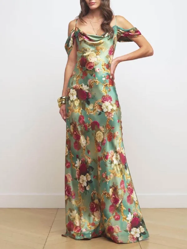 Radiant Off-The-Shoulder Stylish Printed Maxi Dress Elegant Lace-Up Maxi Dress