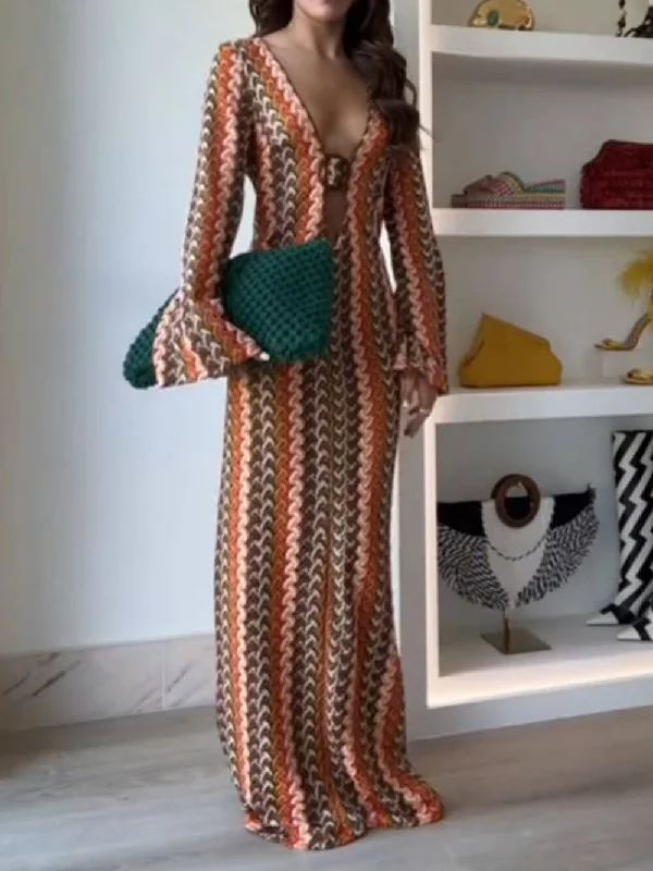 Orange Soda Stripe Print O-Ring Trendy Long Sleeve Beach Maxi Dress Stylish Maxi Dress with Frills