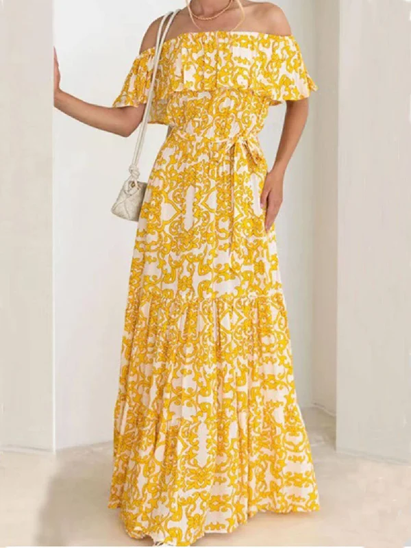 One-Shoulder Short-Sleeve Printed Charming Ruffle Maxi Dress Fashionable Layered Maxi Dress