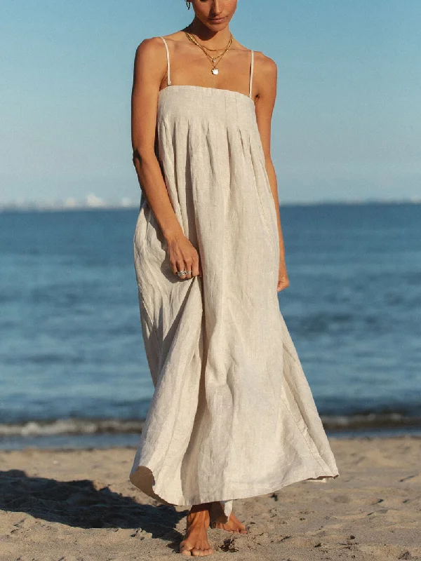 Offshore Pleated Strappy Charming Linen Maxi Dress Fashionable Sleeveless Maxi Dress