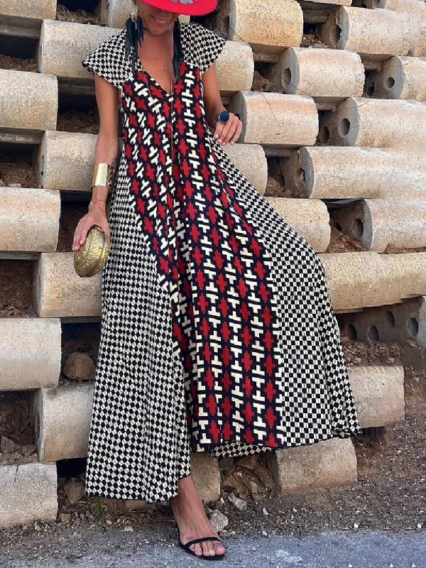 Ethnic Unique Print Ruffle Graceful Sleeve A-line Maxi Dress Fashionable Layered Maxi Dress