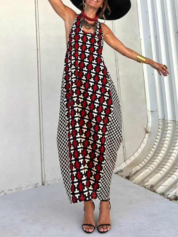 Ethnic Unique Print Lantern Graceful Cut Tank Maxi Dress Trendy V-Neck Maxi Dress