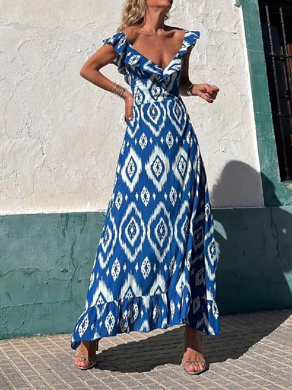 Ethnic Print Smocked Bust Graceful Ruffle Neck Maxi Dress Comfortable Pleated Maxi Dress