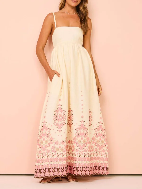 Ethnic Print Halter Charming Cream Extra Maxi Dress Comfortable Ruffle Maxi Dress