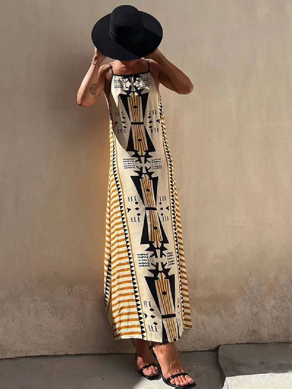 Ethnic Print Backless Charming A-line Maxi Dress Cozy Knitted Maxi Dress