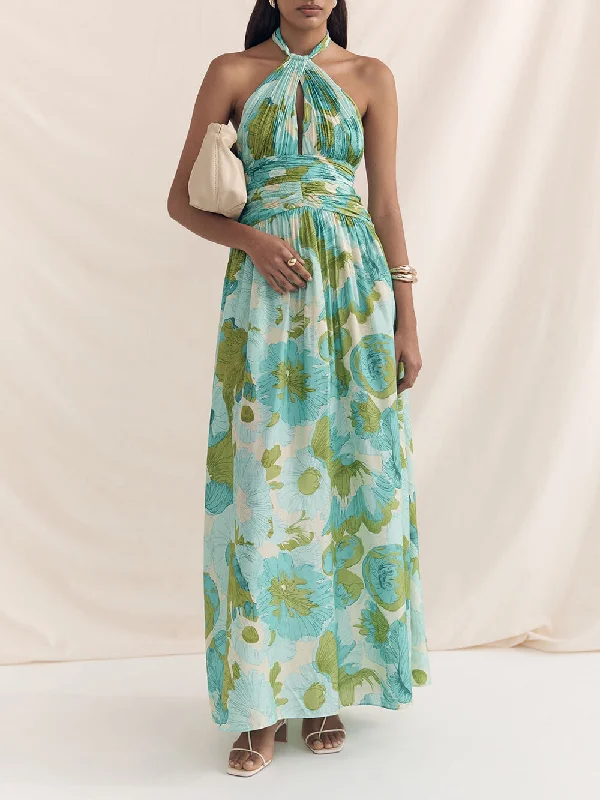 Elegant Versatile Halter Neck Graceful Printed Pleated Maxi Dress Comfortable Maxi Dress with Belt