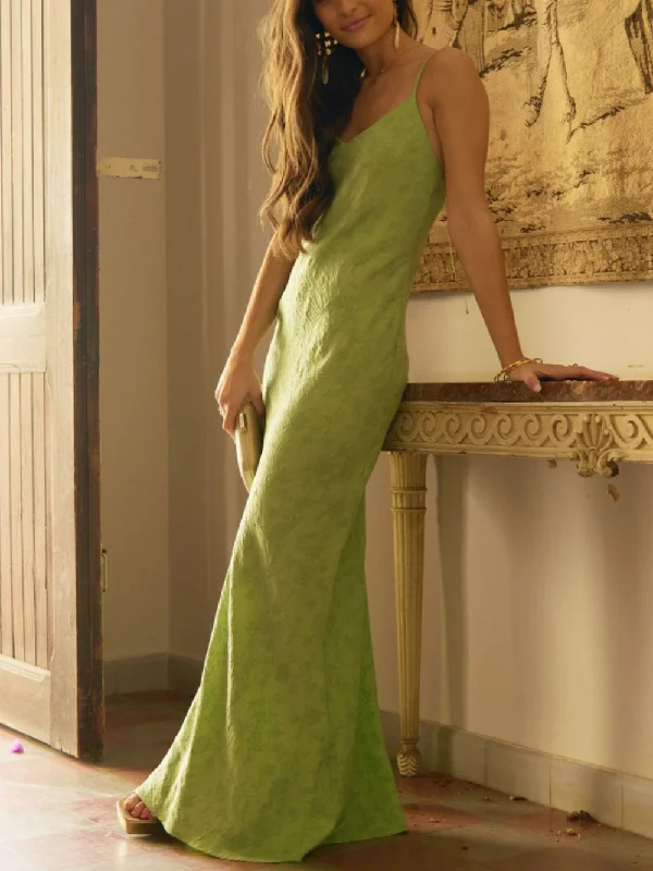 Elegant Lime Green Charming Jacquard V-Neck Maxi Dress Fashionable Button-Down Maxi Dress