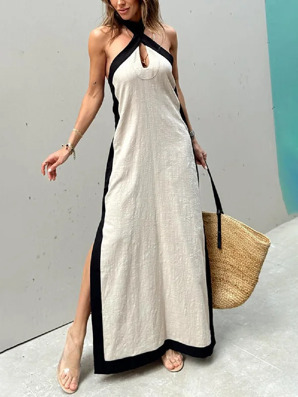 Color Block Halter Charming Neck Slit Maxi Dress Stylish A-Line Maxi Dress