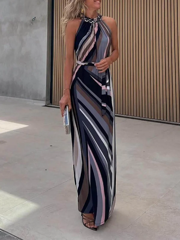 Casual Loose Halterneck Striped Graceful Gradient Print Maxi Dress Trendy Ruffled Maxi Dress