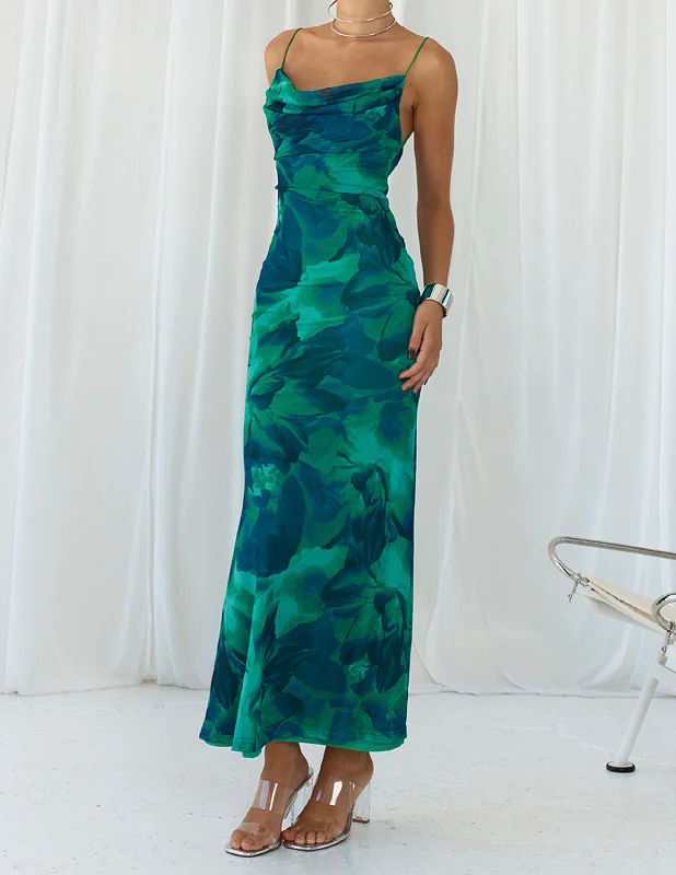 Calista Green Bloom Cowl Graceful Neck Slip Maxi Dress Elegant Floral Maxi Dress