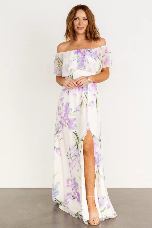 Daphne Off Shoulder Maxi Dress | Ivory + Lavender Floral Comfortable Maxi Dress with Slits