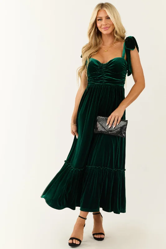 Deep Pine Velvet Tie Straps Ruched Maxi Dress Stylish A-Line Maxi Dress