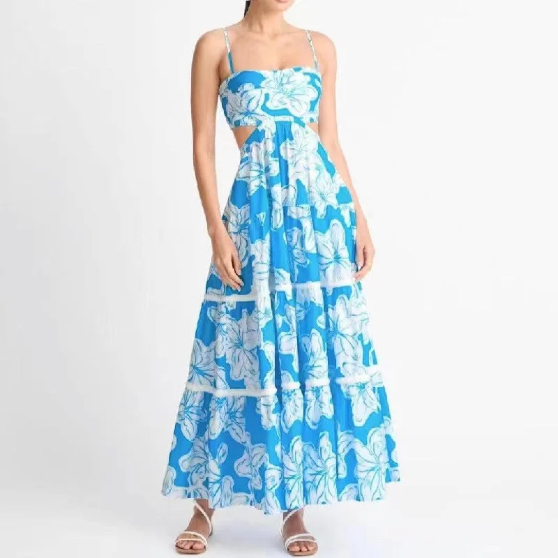 KittenAlarm - Diane Spaghetti Strap Hollow Out Aloha Print Maxi Dress Comfortable Flowy Maxi Dress