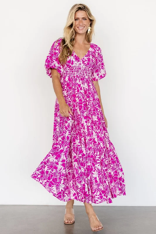 Elaine Maxi Dress | Magenta + White Cozy Spaghetti Strap Maxi Dress