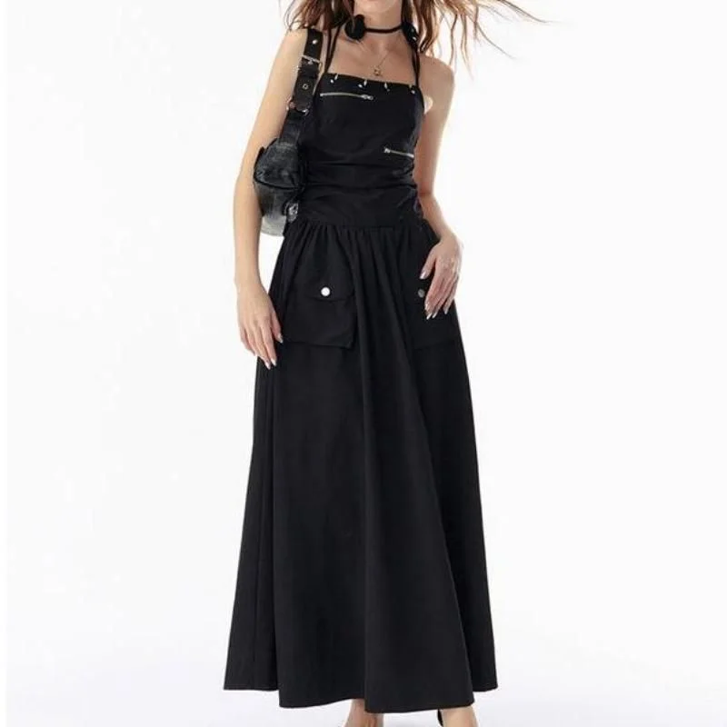 Elegant Basic Solid Black Backless Bandage Maxi Dress with Pockets Trendy V-Neck Maxi Dress