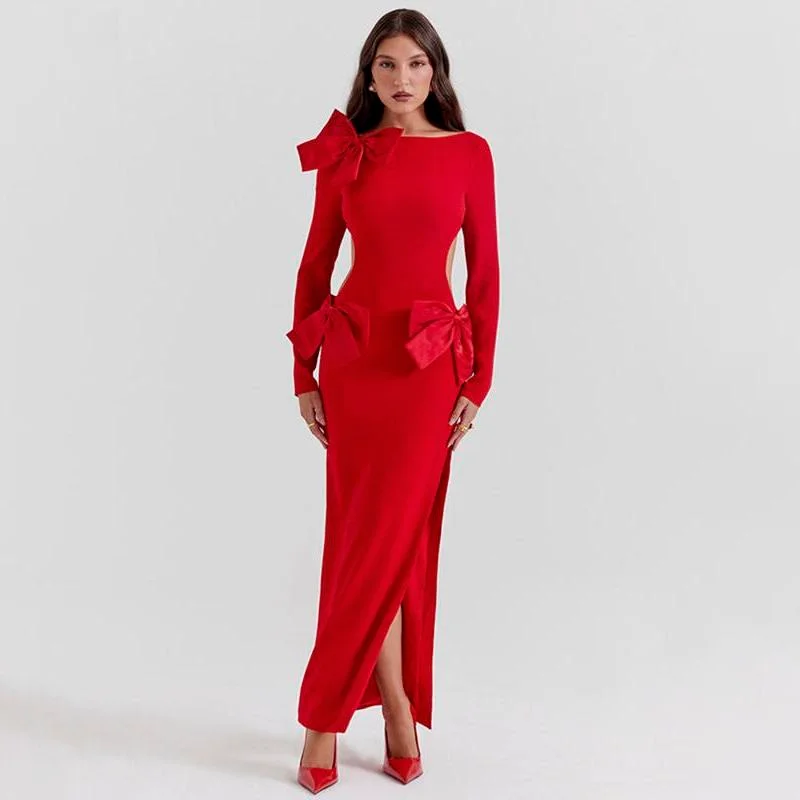 Elegant Red O-Neck Backless Bow Maxi Dress Fashionable High-Low Maxi Dress