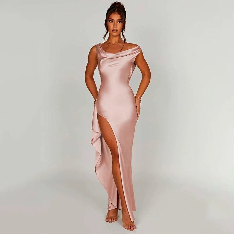 Elegant Satin Backless Split Maxi Dress Trendy A-Line Maxi Dress