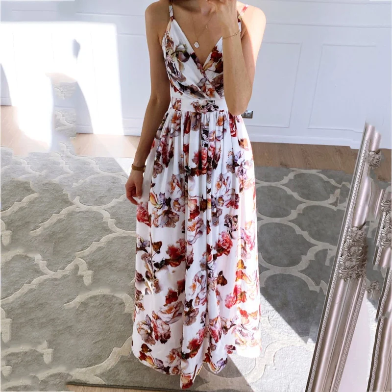 Elegant Sleeveless V-Neck Maxi Dress Fashionable Faux Wrap Maxi Dress