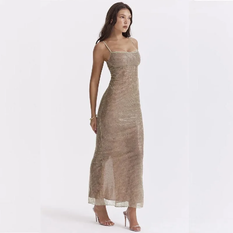 Elegant Sparkle Maxi Dress with Spaghetti Straps and Split Comfortable Satin Maxi Dress