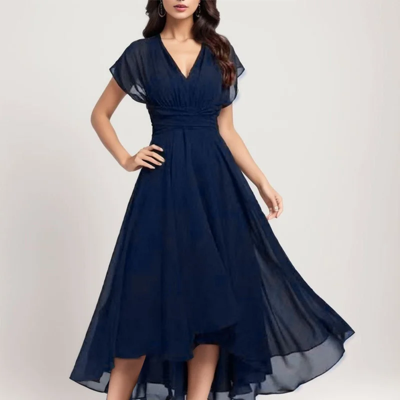 Elegant V Neck Chiffon Long Sleeve Maxi Dress Casual Maxi Dress with Pockets