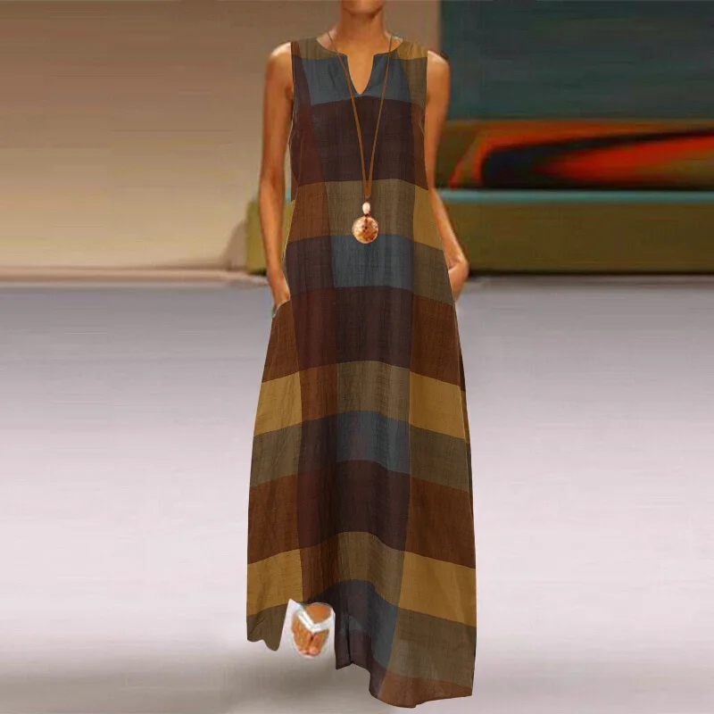 Elegant V-Neck Plaid Print Maxi Dress Chic Button-Up Maxi Dress