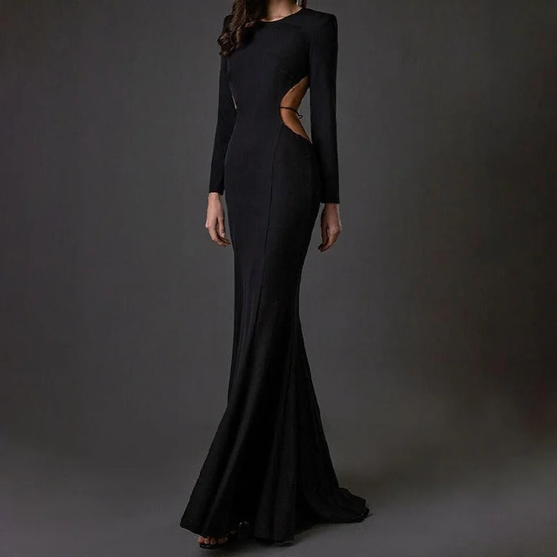 KittenAlarm - Eliza Long Sleeve Round Neck Backless Maxi Dress Fashionable Open-Back Maxi Dress