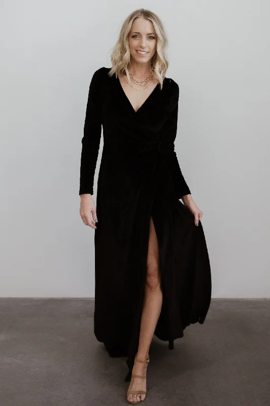 Esmerelda Velvet Wrap Maxi Dress | Black Stylish Boho Chic Maxi Dress