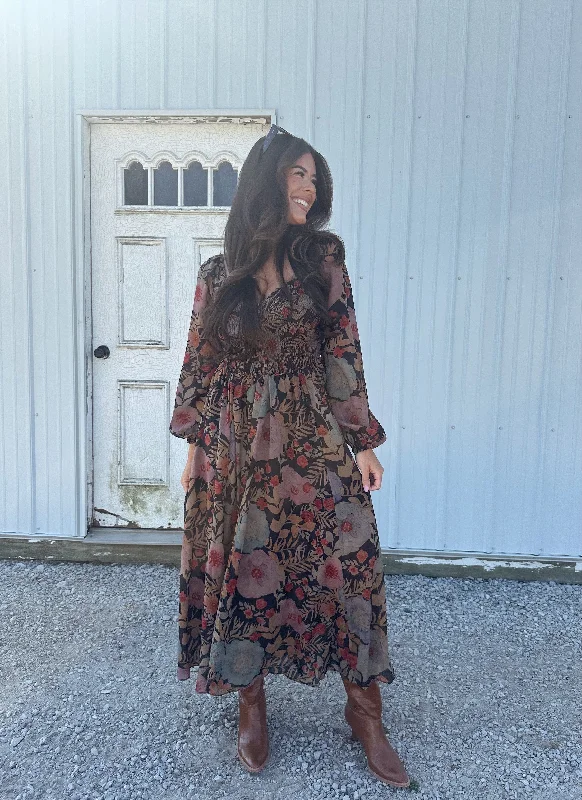 Fall Blooms Maxi Dress Cozy Ruffle Sleeve Maxi Dress