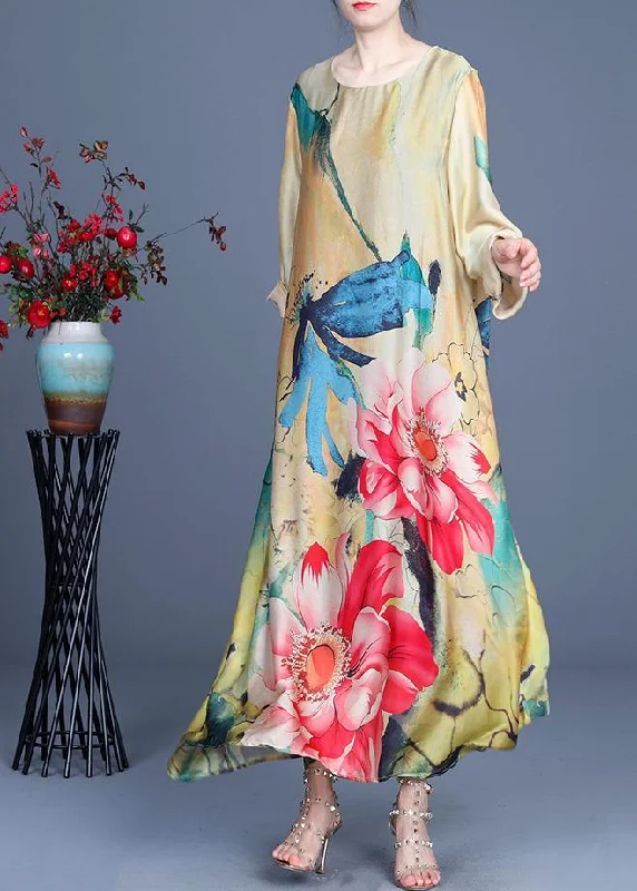 Fitted Yellow Print Long sleeve Chiffon Maxi Dresses Summer Elegant Silk Maxi Dress