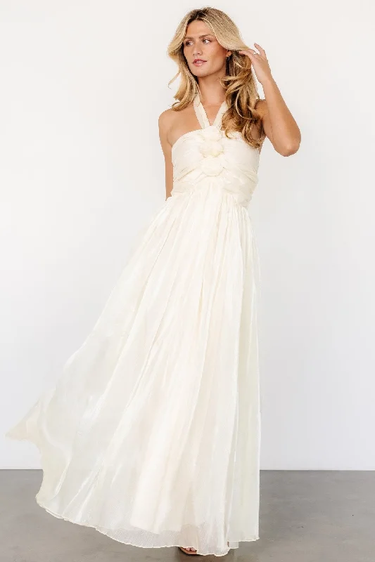 Frederica Halter Maxi Dress | Cream Shimmer Stylish One-Shoulder Maxi Dress