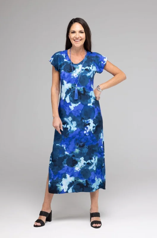 Galaxy Print Short Sleeve Jersey Maxi Dress Elegant Maxi Dress with Drapes