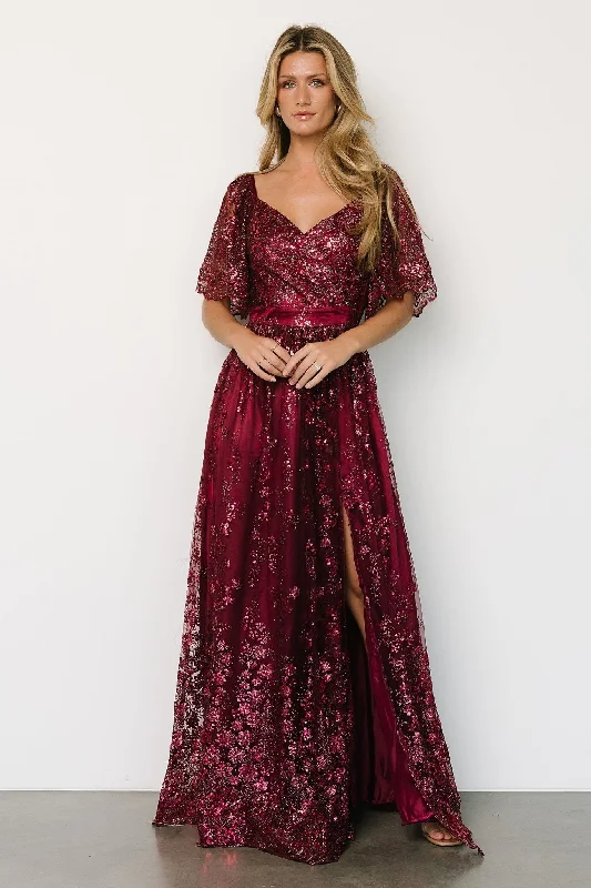 Genevieve Glitter Maxi Dress | Wine Trendy Short Sleeve Maxi Dress