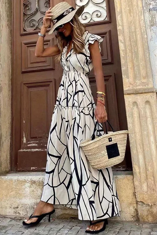 TastyHottie - Geometric Print V Neck Ruffle Maxi Dress Stylish Maxi Dress with Frills