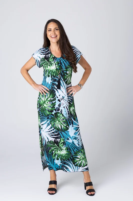 Hawaii Print Short Sleeve Jersey Maxi Dress Cozy Ribbed Maxi Dress