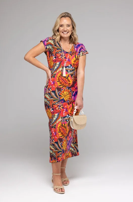 Java Print Short Sleeve Jersey Maxi Dress Cozy Knit Maxi Dress