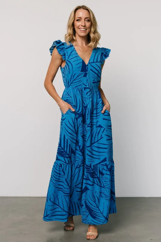 Kaia Button Maxi Dress | Blue Print Elegant Maxi Dress with Lace