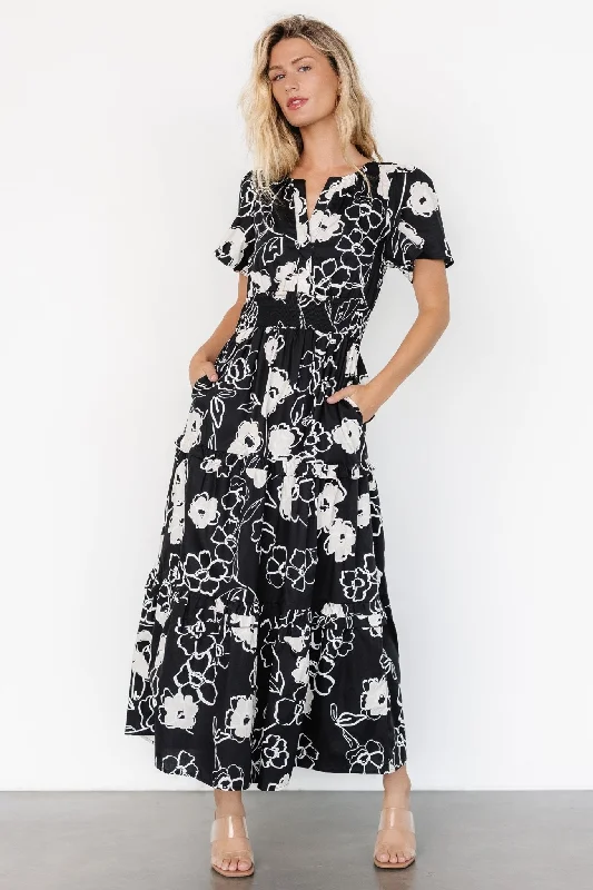 Kiana Poplin Maxi Dress | Black + Cream Chic Off-Shoulder Maxi Dress