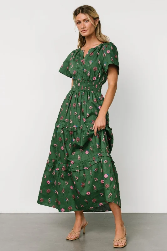 Kiana Poplin Maxi Dress | Green + Pink Trendy Ruffled Maxi Dress