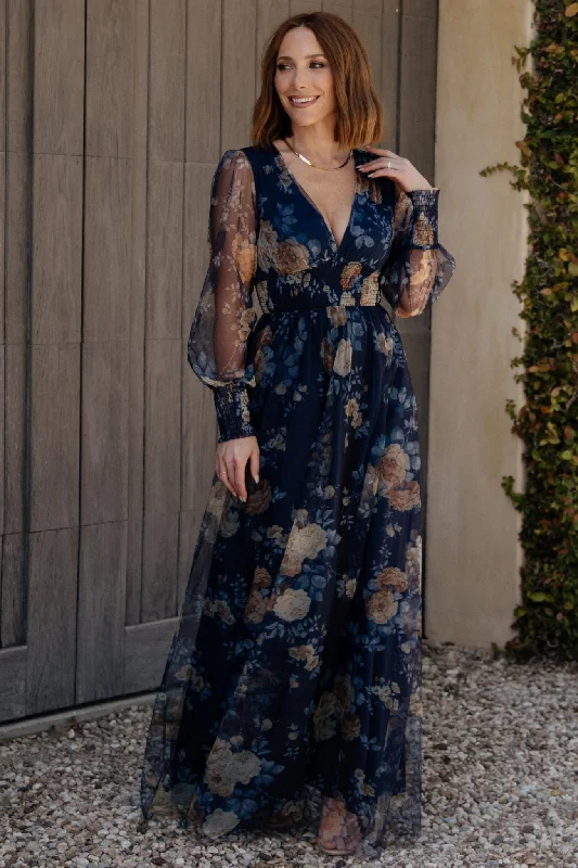 Layla Tulle Maxi Dress | Blue + Golden Floral Classic Solid Maxi Dress