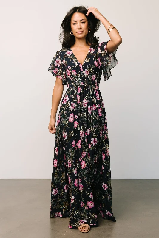 Lynlee Metallic Maxi Dress | Dark Blue + Pink Comfortable Maxi Dress with Sleeves