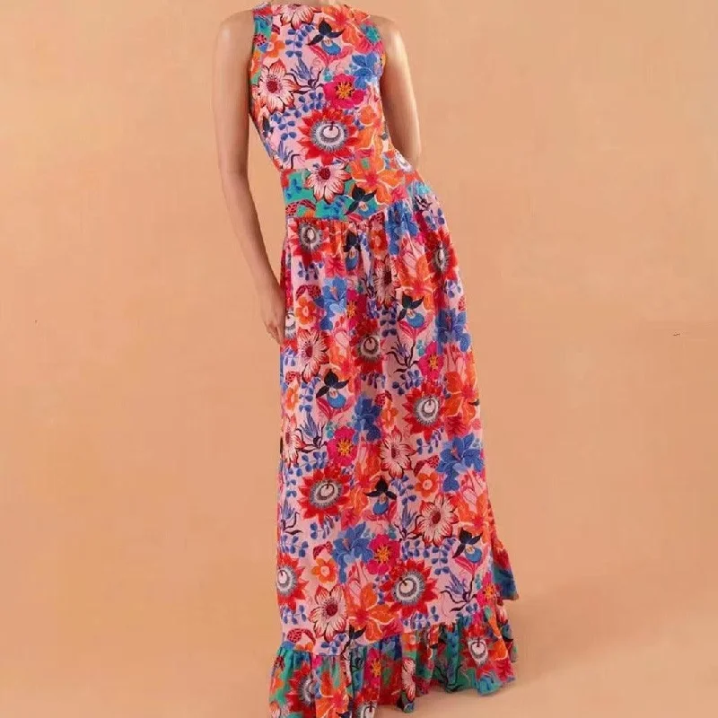 KittenAlarm - Mackenzie Sleeveless Pleated Hem Floral Maxi Dress Comfortable Maxi Dress with Belt